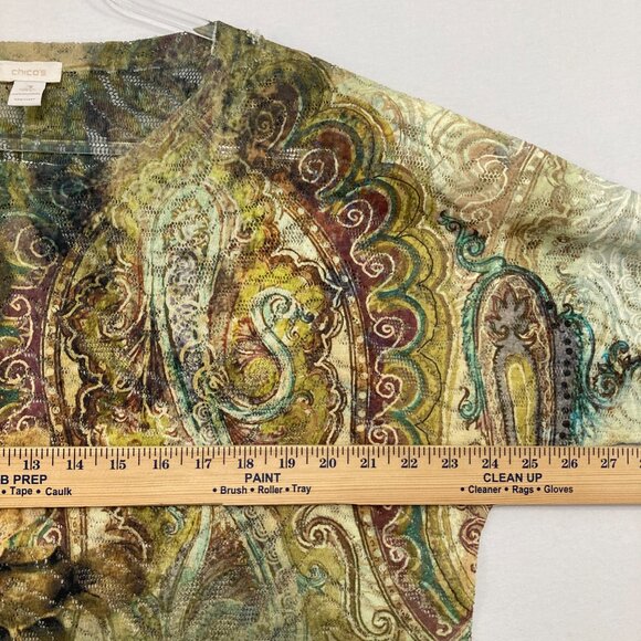 Chico's size XL/3 Green Brown Floral Split Neck Mesh Stretch Artsy Boho Blouse - Picture 6 of 9